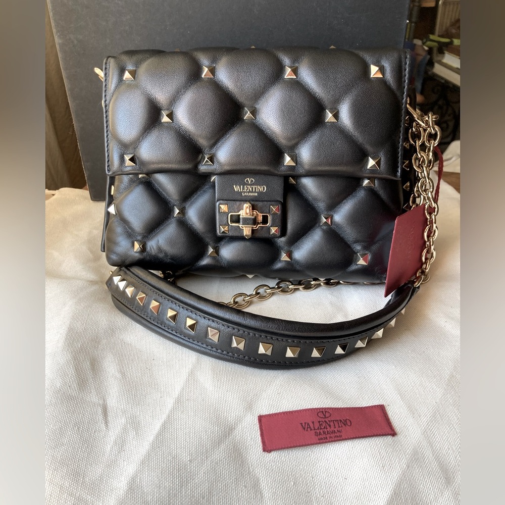 New Valentino Rockstud Black Quilted Crossbody Shoulder Bag with Chain Strap